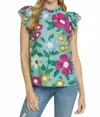 Entro Floral Ruffle Sleeve Top In Sage In Multi