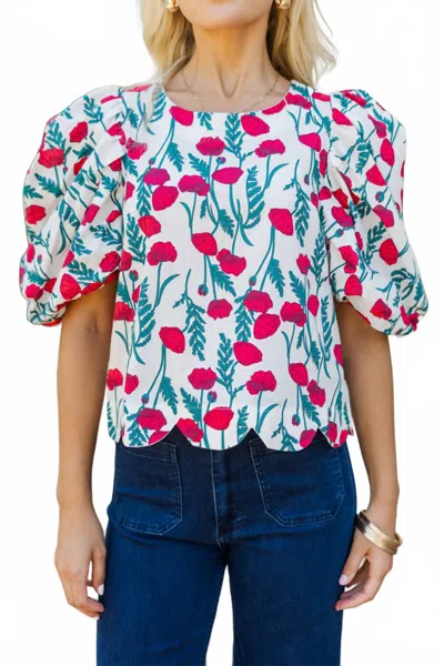 Entro Floral Scallop Hem Top With Oversized Drape Sleeve In Cream In White