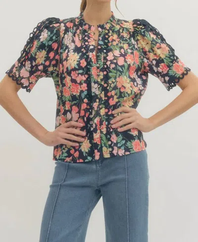 Entro Floral Scallop Lace Trim Puff Sleeve Top In Navy In Multi