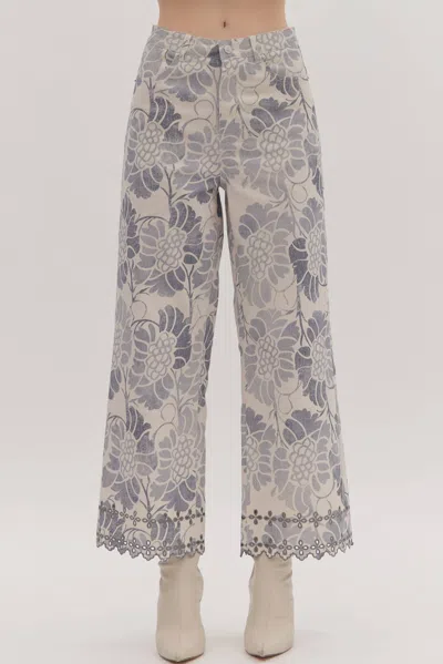 Entro Floral Scalloped Eyelet Hem Pants In Ecru In Gray