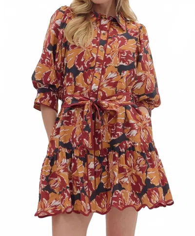 Entro Floral Short Dress In Orange In Metallic