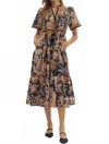 Entro Floral Short Sleeve Contrast Midi Dress In Black/camel In Brown