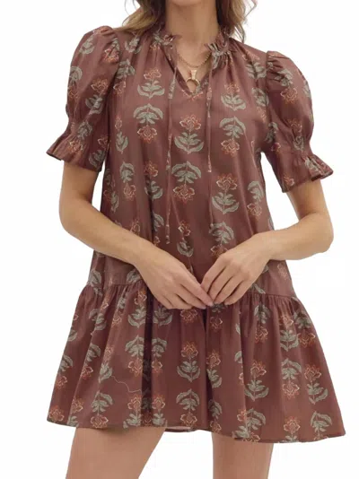 Entro Floral Smocked Mini Dress In Brown In Multi