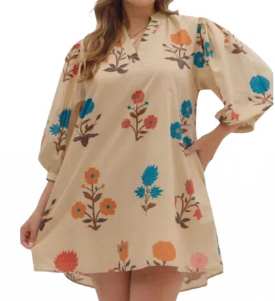 Entro Floral Three Quarter Sleeve Mini Dress In Beige Multi
