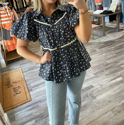 Entro Floral Tie Detail Bubble Sleeve Top In Navy