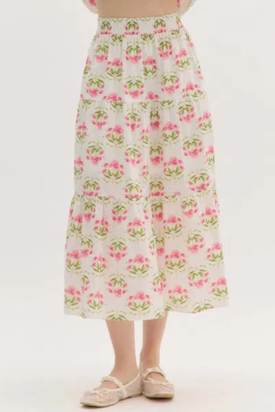 Entro Floral Tiered Midi Skirt In Cream In White
