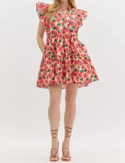 Entro Floral Tiered Mini Dress In Red