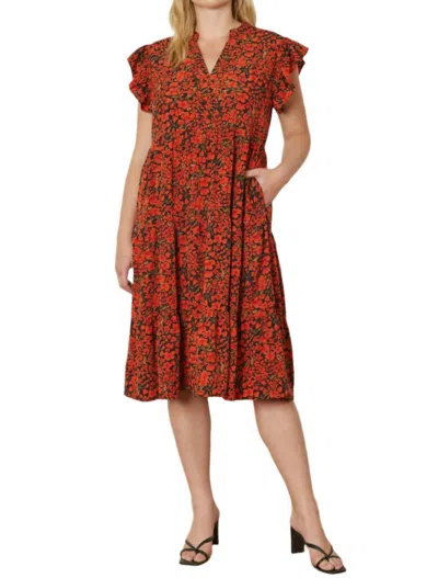 Entro Floral Tiered Ruffle Midi Dress In Black In Red