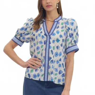 Entro Floral V Neck Blouse In Blue