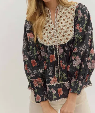 Entro Floral Yoke Long Sleeved Top In Black In Multi
