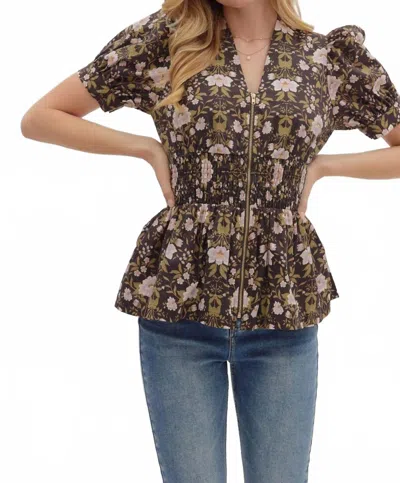 Entro Floral Zipper Peplum Top In Brown