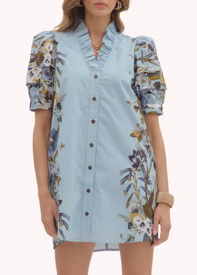 Entro Flower Pattern Button Mini Dress In Chambray In Blue