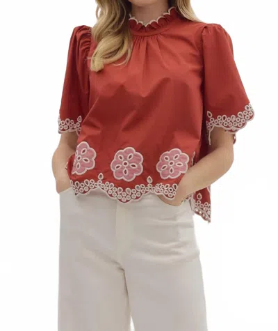 Entro Flutter Embroidered High Neck Top In Brick In Red