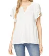 Entro Flutter Sleeve Eyelet Top In White In White