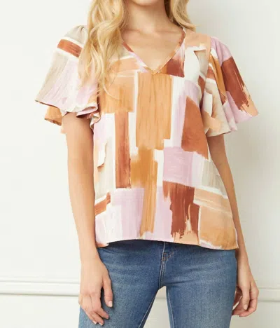 Entro Flutter Sleeve V Neck Blouse In Multi In Orange