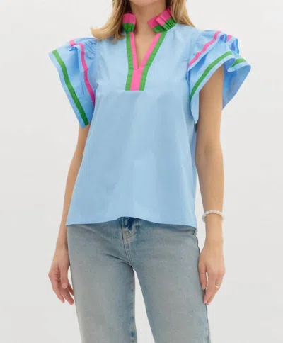 Entro Flutter Sleeve V-neck Top In Blue, Green, And Pink