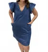 Entro Flutter Sleeves Dress In Dark Denim In Gold