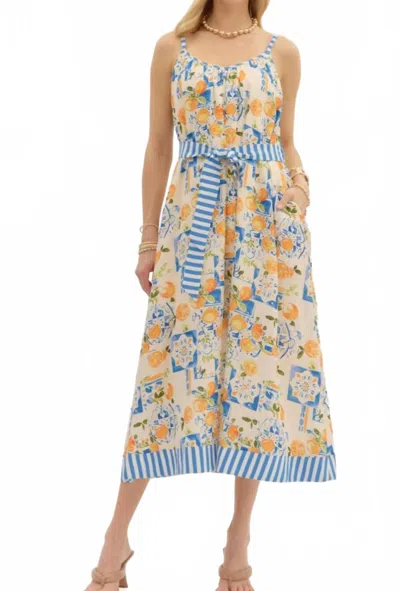 Entro Fruit Print Midi Dress With Self Tie In Blue Multi