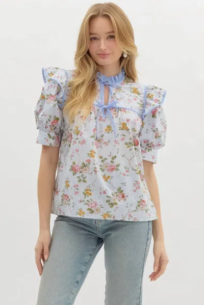 Entro Garden Glow V-neck Tie Front Top In Blue In Multi