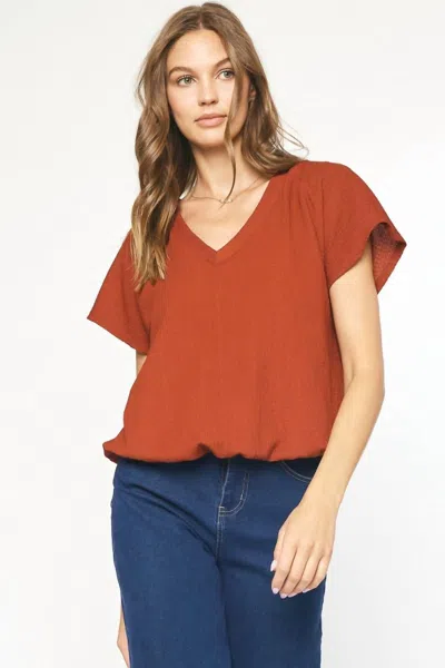 Entro Gathered Hem Textured Short Sleeve Shirt In Cinnamon In Brown