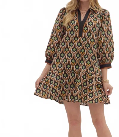 Entro Geometric Print 3/4 Sleeve Mini Dress In Black In Multi