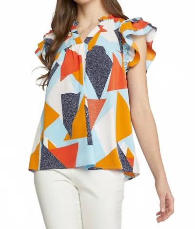 Entro Geometric Ruffle Sleeve Top In Blue In Multi