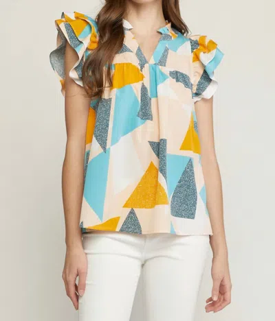 Entro Geometric Ruffle Sleeve Top In Jade In Multi