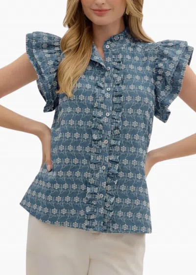 Entro Georgia Flutter Sleeve Top In Embroidered Chambray In Blue