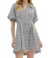 Entro Gingham Pleated Bubble Sleeve Mini Dress In Black In Black