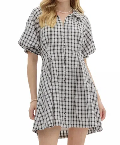 Entro Gingham Pleated Bubble Sleeve Mini Dress In Black
