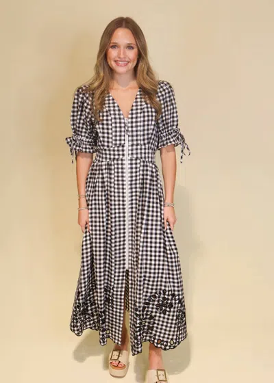 Entro Gingham Puff Sleeve Midi Dress In Black In Multi