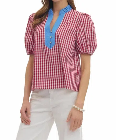 Entro Gingham Puff Sleeve Top In Red In Pink