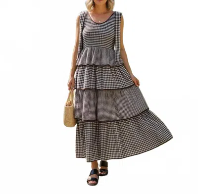 Entro Gingham Tiered Midi Dress In Brown White In Yellow