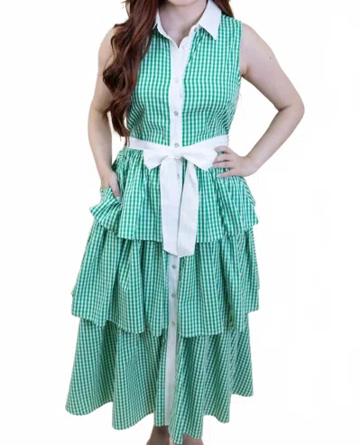 Entro Gingham Tiered Midi Dress In Green