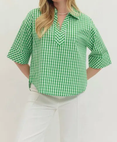 Entro Gingham Top In Green In Metallic