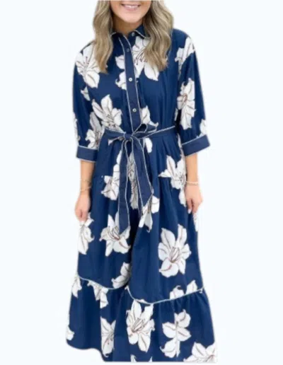Entro Grace Button Midi Dress In Navy Floral In Blue
