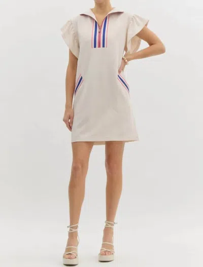 Entro Half Zip Flutterband Mini Dress In Cream In Neutral