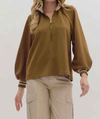 Entro Half Zip Knit Top With Striped Rib Trim In Olive In Green