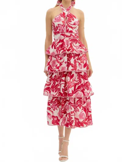 Entro Halter Bow Tied Tiered Paisley Midi Dress In Red