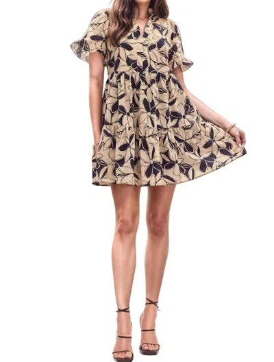 Entro Heather Floral Print Ruffle Collar Mini Dress In Taupe In Grey