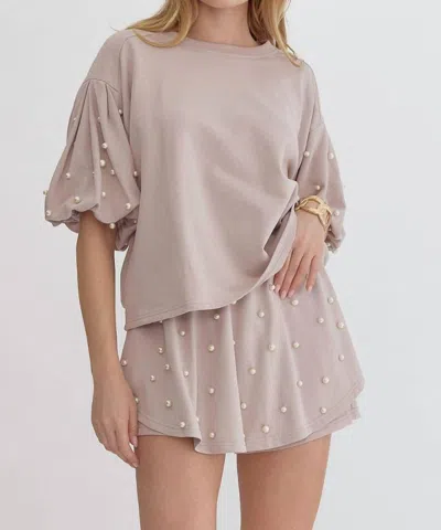 Entro High Waist Pearl Embellished Short Set In Light Mocha In Multi