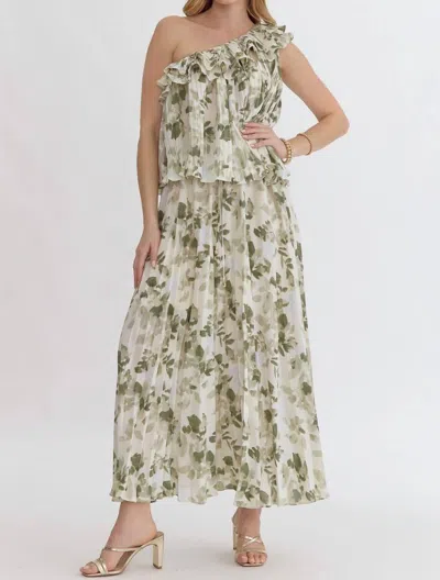 Entro Isn't She Romantic Pleated Top And Skirt Set In Ivory/green In Multi