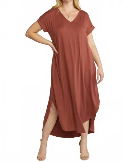 Entro Jersey Knit V Neckline Maxi Dress With Pockets In Marsala In Brown
