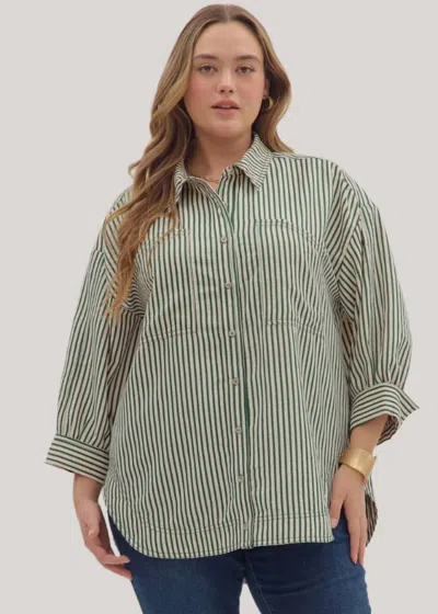 Entro Juniper Lines Striped Button-up Top In Green In Gray