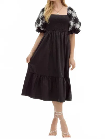 Entro Kylie Smocked Embroidered Sleeve Midi Dress In Black