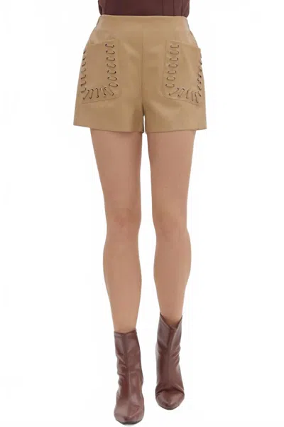 Entro Laced Up Grommet Detailed Pleather Shorts In Tan In Multi