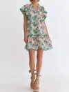 Shop Entro Leaf Print V-neck Mini Dress In Green