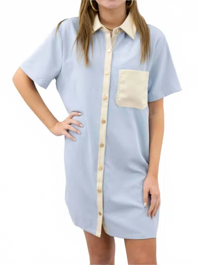 Entro Leather Detail Button Up Dress In Light Blue, Cream In Multi