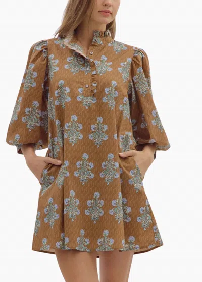 Entro Leena 3/4 Sleeve Mini Dress In Camel In Burgundy