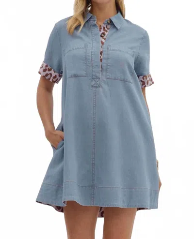 Entro Leopard Accent Collared Mini Dress In Chambray Blue